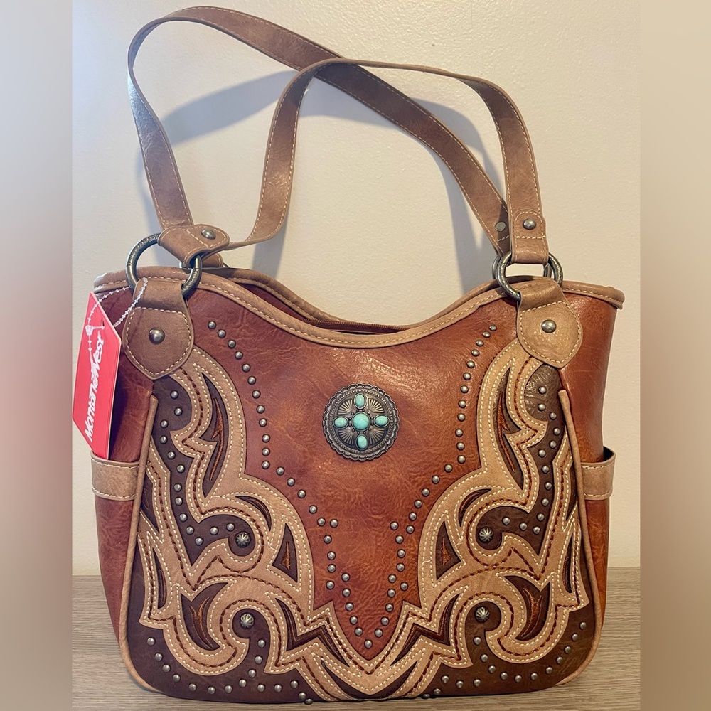 Montana West Brown and Tan Embroidered Women's Bag with Turquoise Stone Design